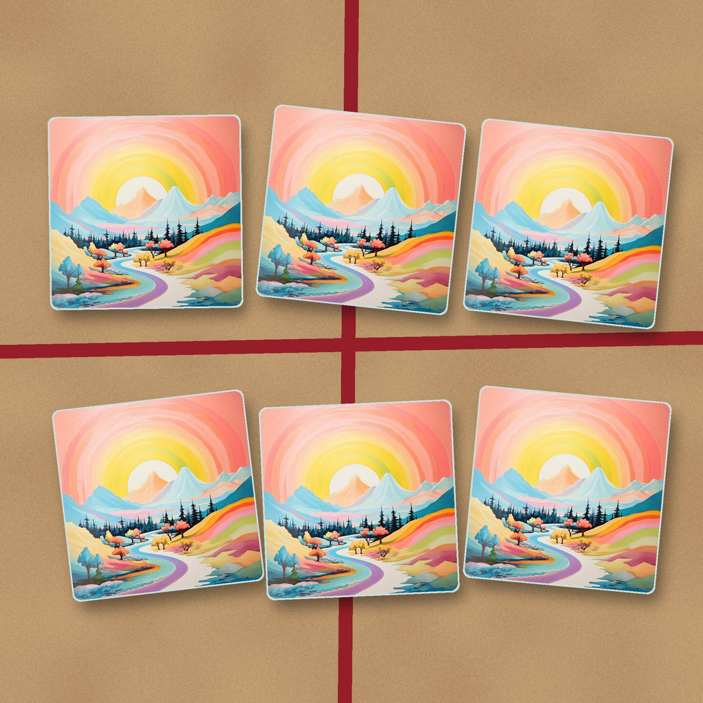 Rainbow Sky Valley Landscape square glass coasters on kraft gift wrap