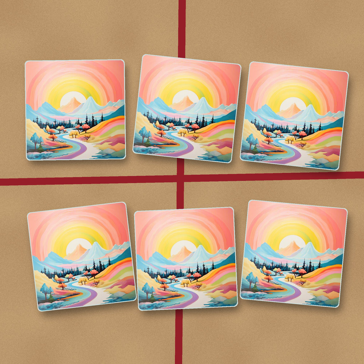 Rainbow Sky Valley Landscape square glass coasters on kraft gift wrap