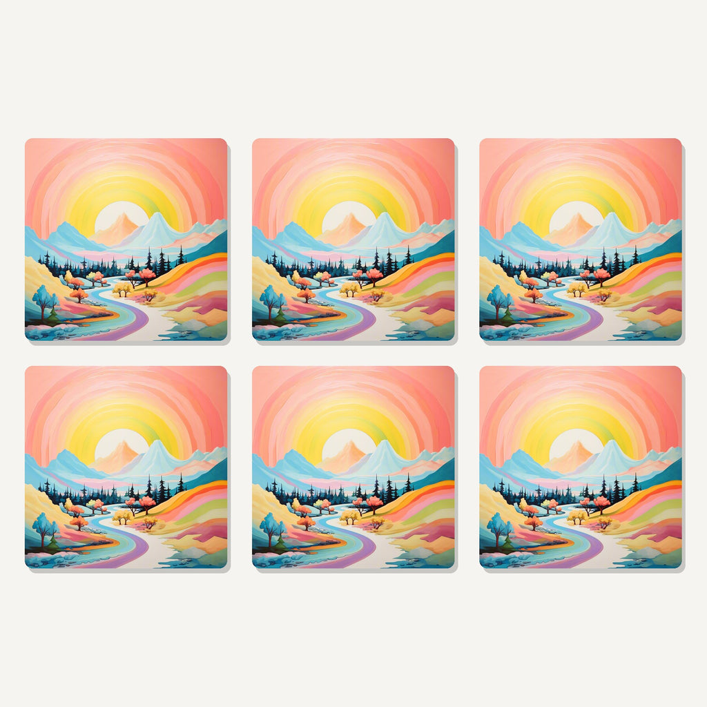 Flat lay of the rainbow sky valley landscape artwork on six square coasters
