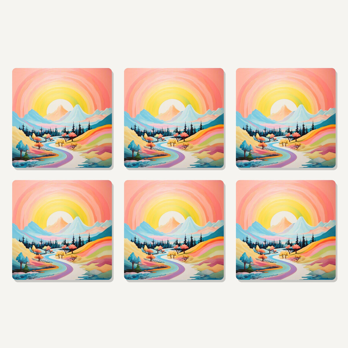 Flat lay of the rainbow sky valley landscape artwork on six square coasters