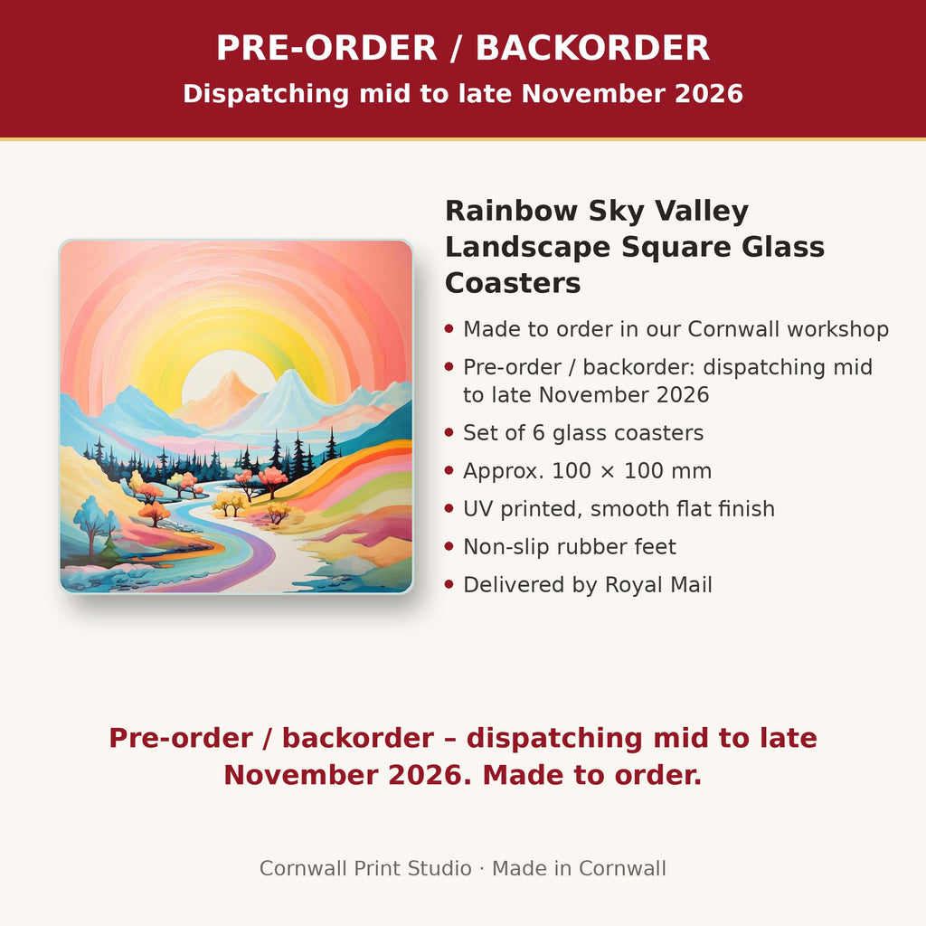 Info card: Rainbow Sky Valley Landscape Square Glass Coasters – Set of 6, made to order, dispatching mid to late November 2026, delivered by Royal Mail