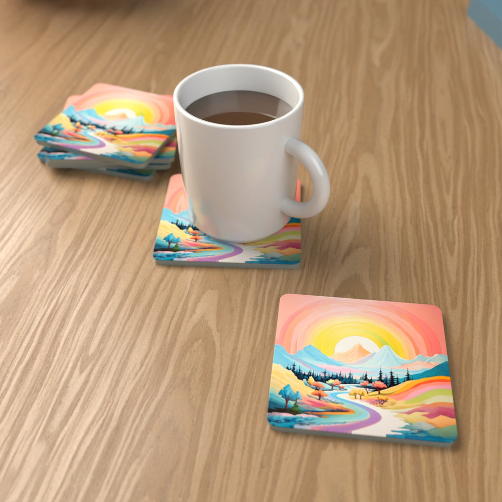 Rainbow Sky Valley Landscape Square Glass Coasters – Set of 6 – lifestyle mockup with a mug of coffee