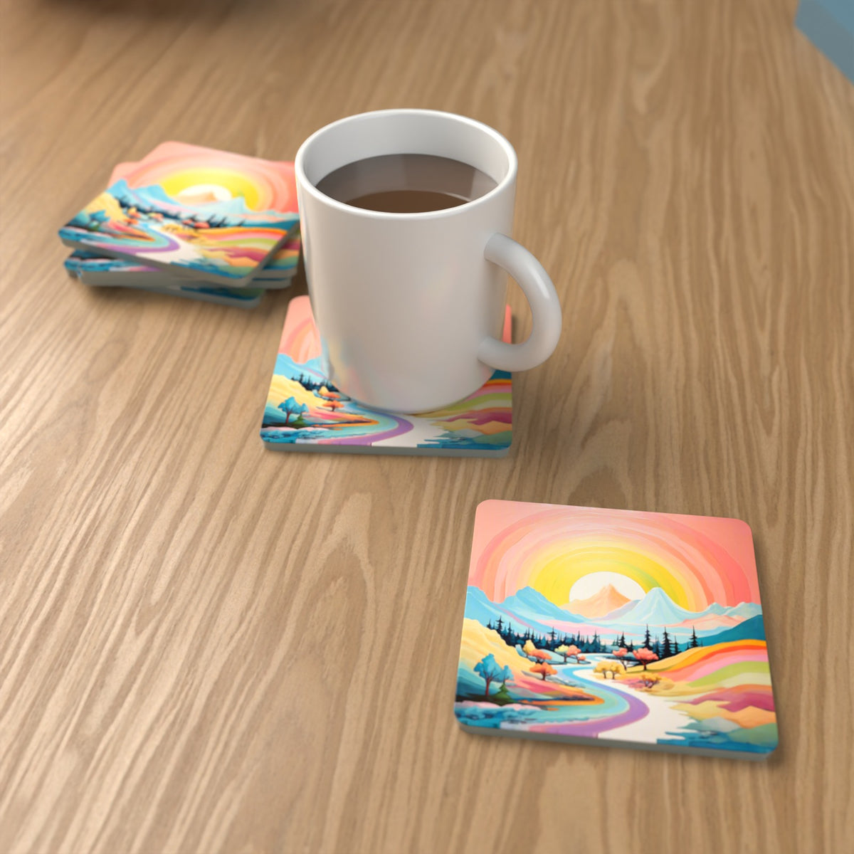 Rainbow Sky Valley Landscape Square Glass Coasters – Set of 6 – lifestyle mockup with a mug of coffee