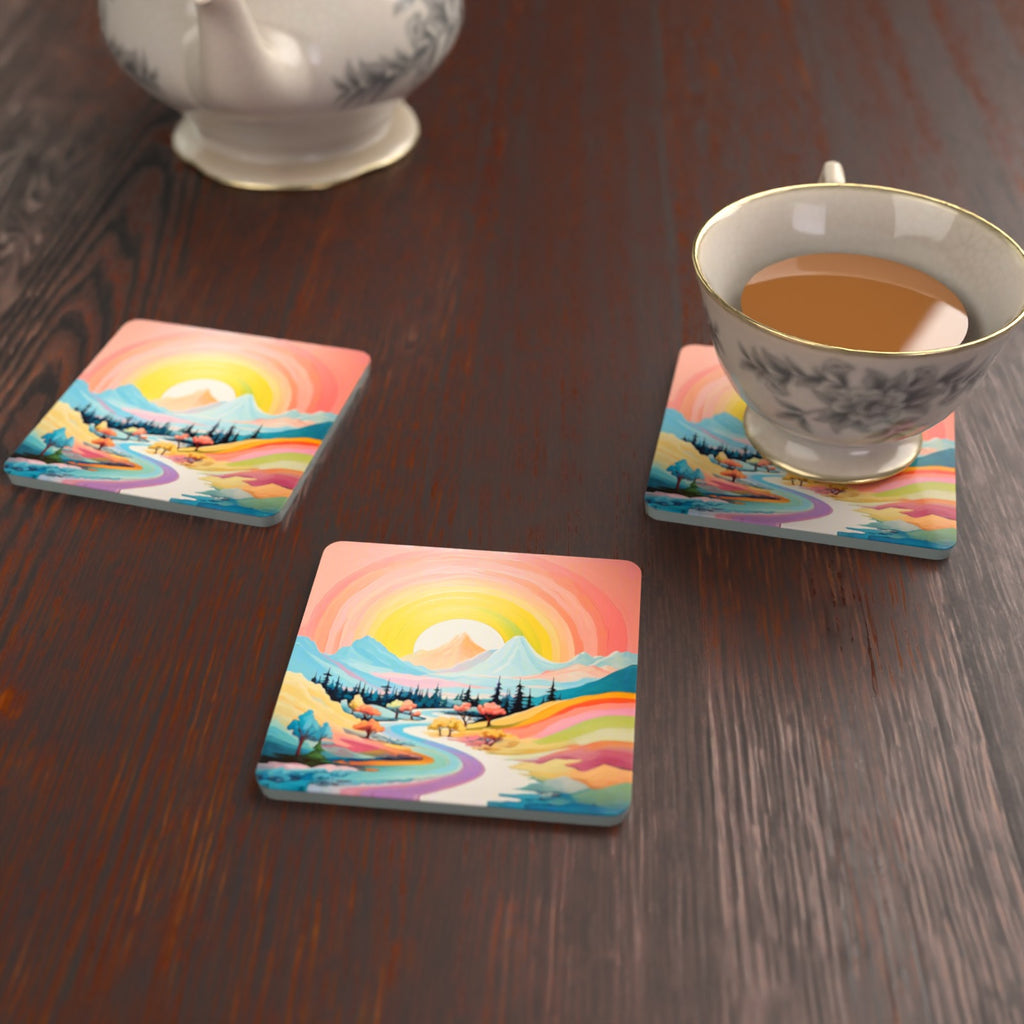 Rainbow Sky Valley Landscape Square Glass Coasters – Set of 6 – lifestyle mockup with a teacup
