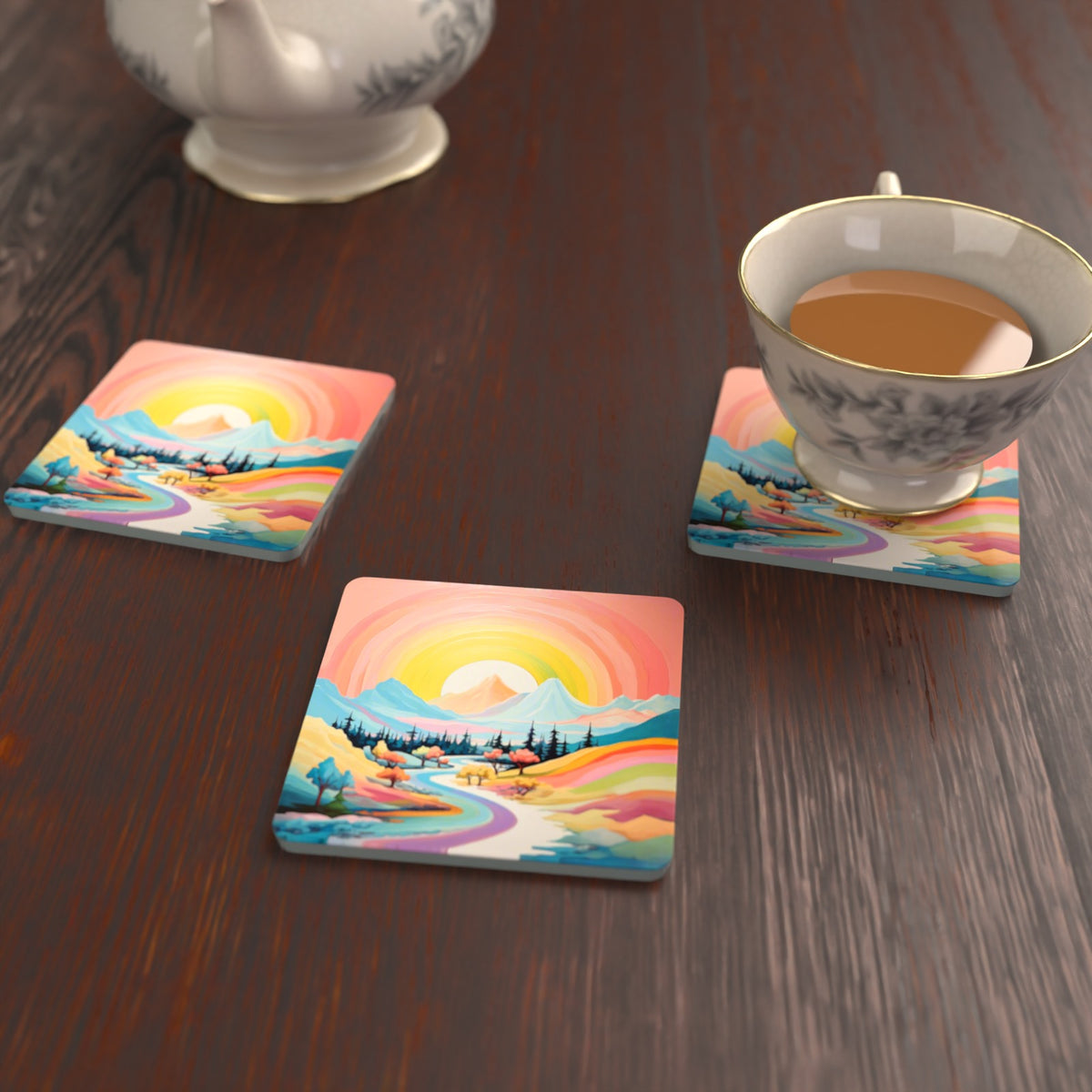 Rainbow Sky Valley Landscape Square Glass Coasters – Set of 6 – lifestyle mockup with a teacup