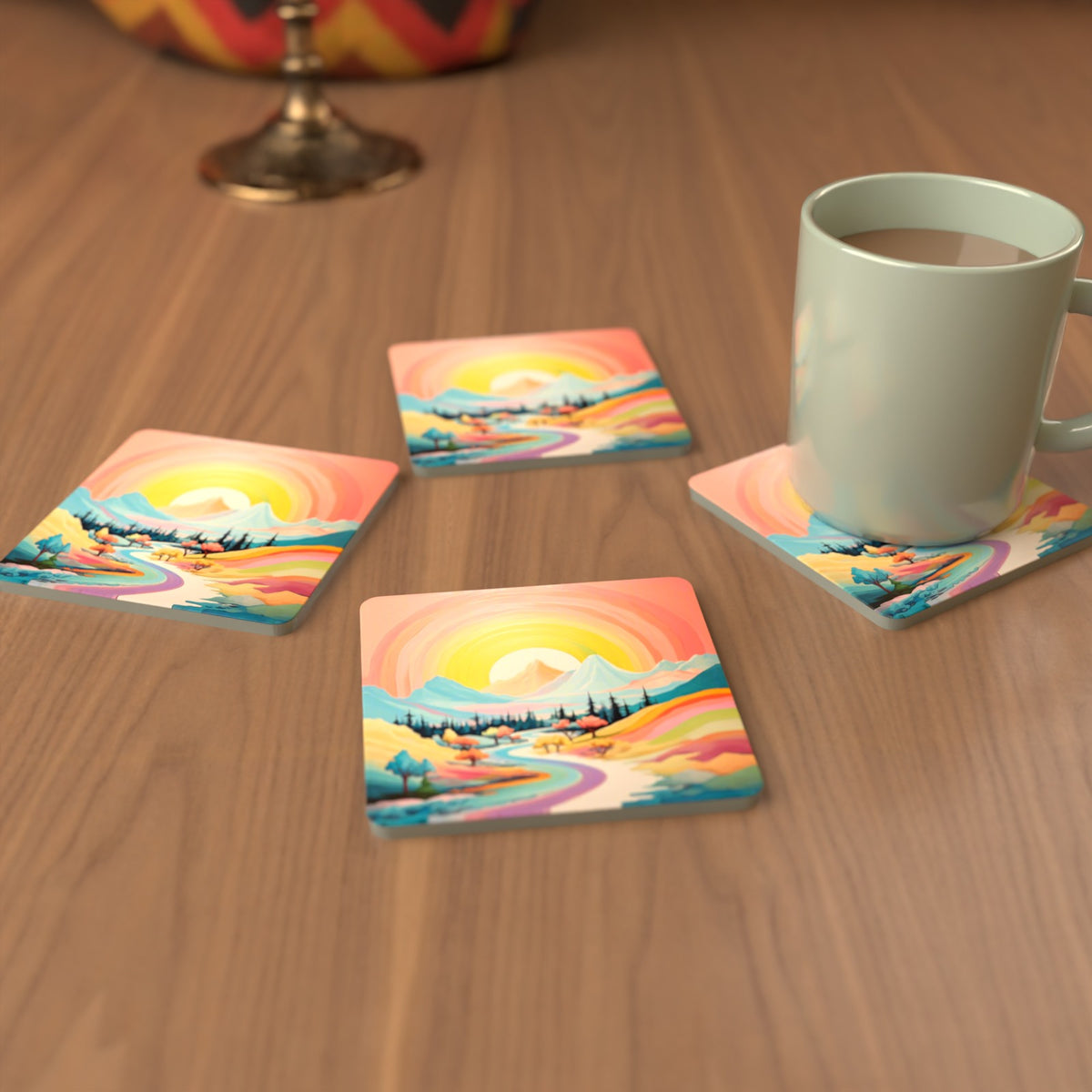 Rainbow Sky Valley Landscape Square Glass Coasters – Set of 6 – cosy lifestyle mockup