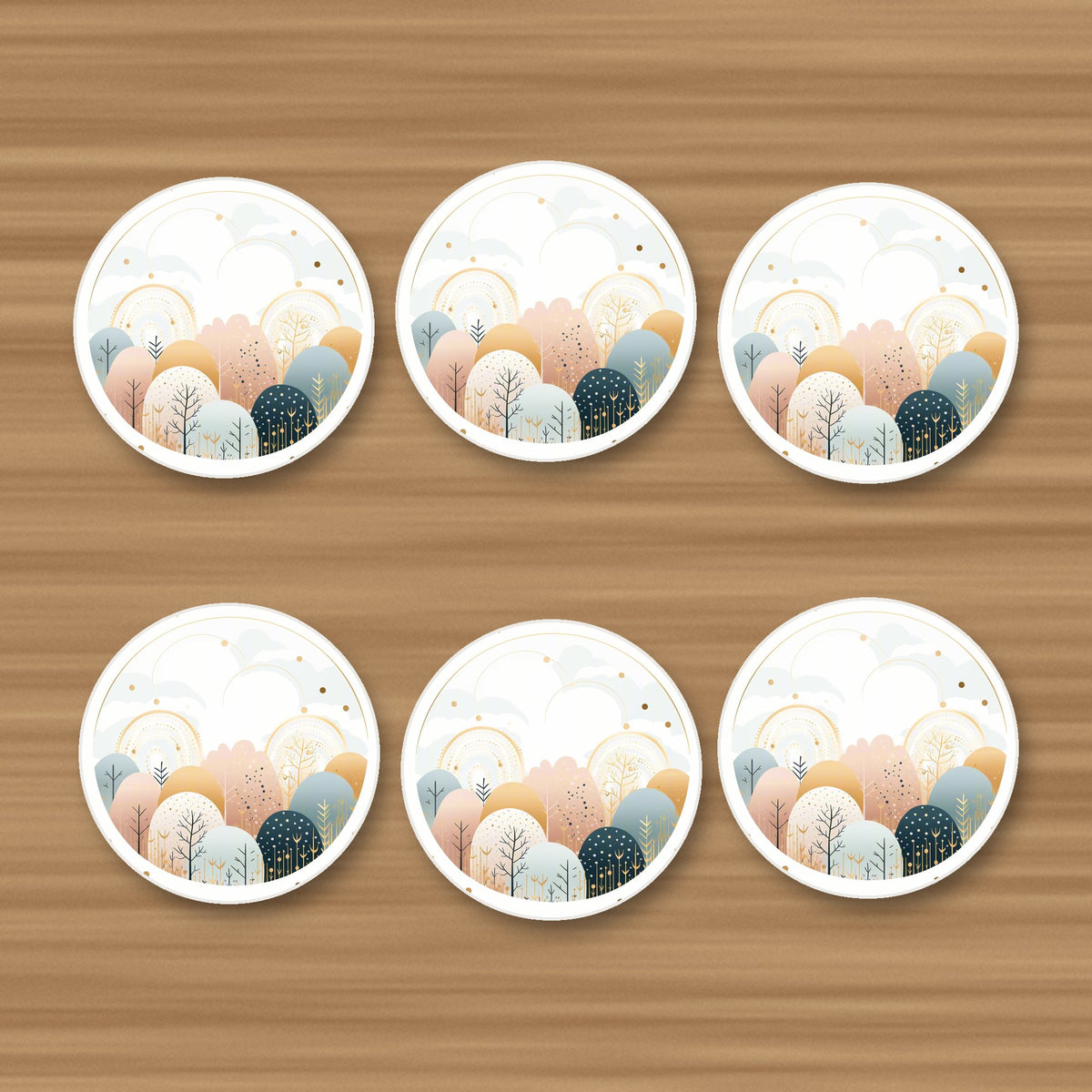 Minimalist Gold Winter Woodland Circle round ceramic coasters, set of 6, on an oak coffee table