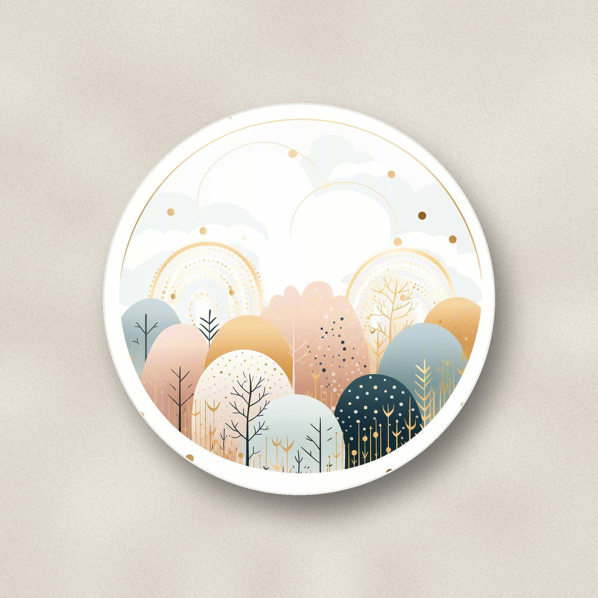 Close-up of one minimalist gold winter woodland circle round ceramic coaster, flat UV print