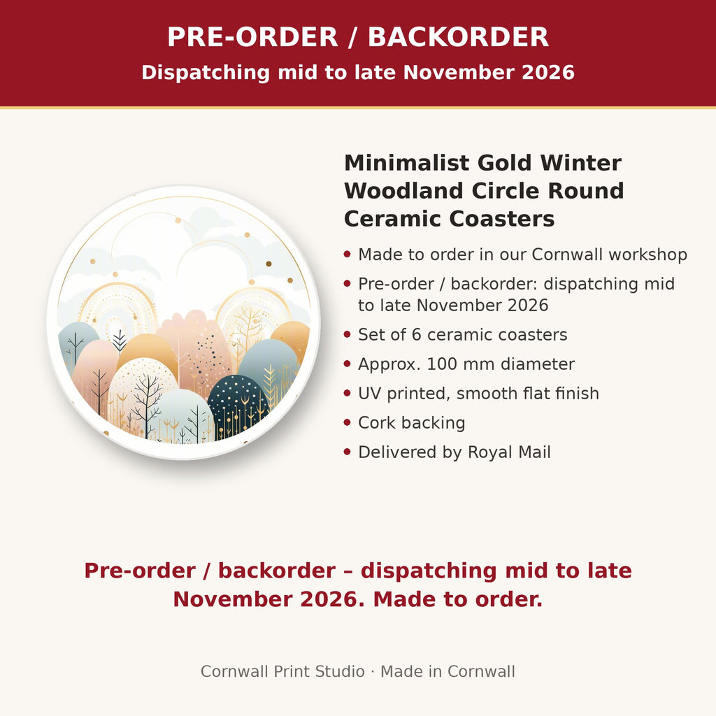 Info card: Minimalist Gold Winter Woodland Circle Round Ceramic Coasters – Set of 6, made to order, dispatching mid to late November 2026, delivered by Royal Mail