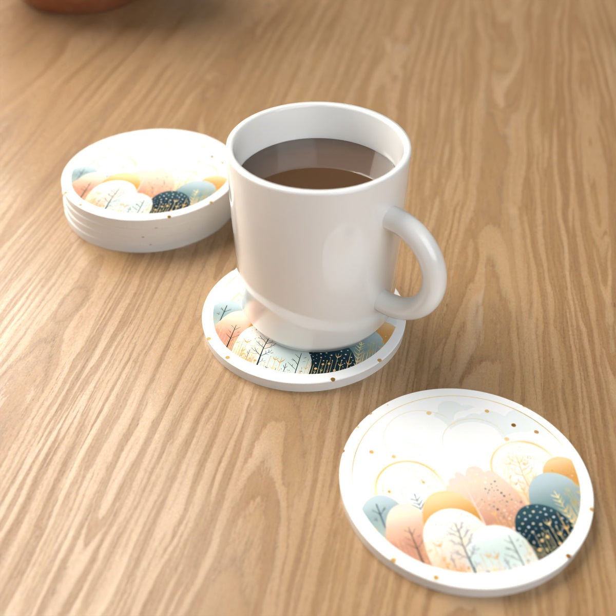 Minimalist Gold Winter Woodland Circle Round Ceramic Coasters – Set of 6 – lifestyle mockup with a mug of coffee