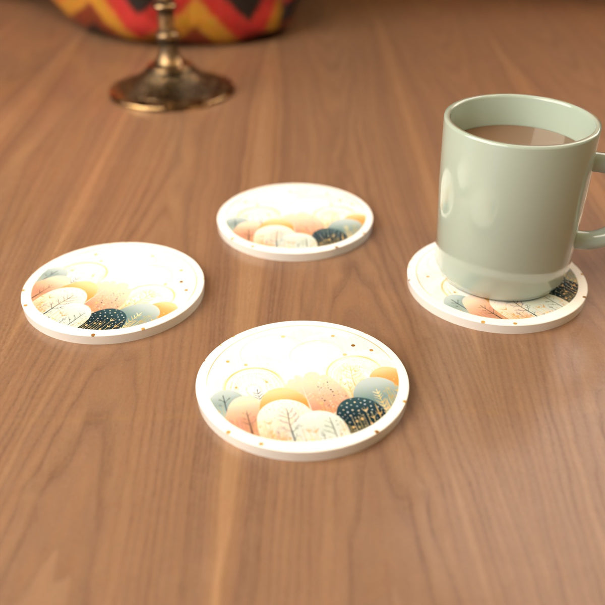 Minimalist Gold Winter Woodland Circle Round Ceramic Coasters – Set of 6 – cosy lifestyle mockup