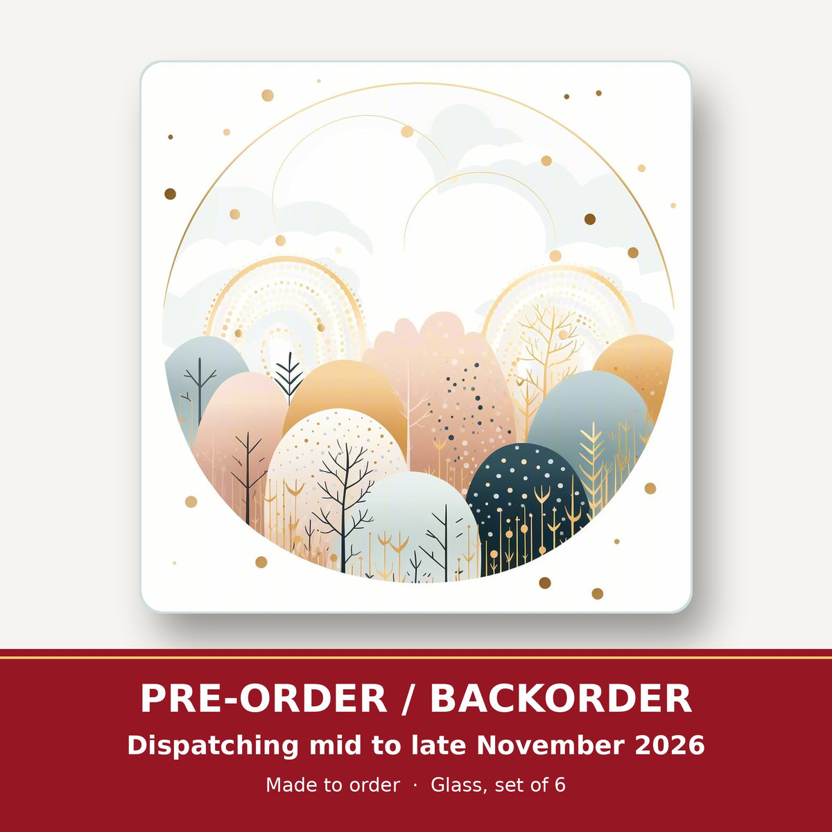 Minimalist Gold Winter Woodland Circle square glass coaster set of 6 – pre-order / backorder, dispatching mid to late November 2026