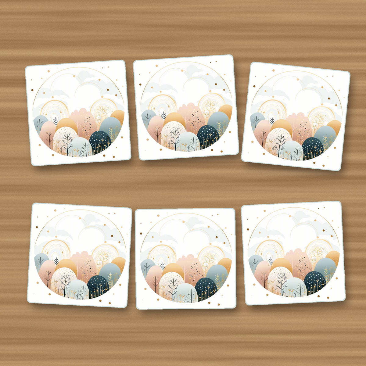 Minimalist Gold Winter Woodland Circle square glass coasters, set of 6, on an oak coffee table