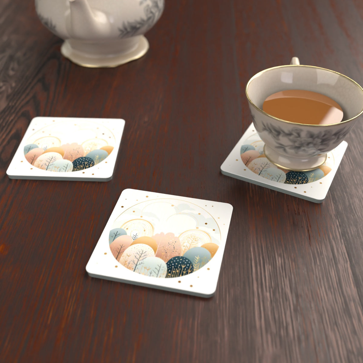 Minimalist Gold Winter Woodland Circle Square Glass Coasters – Set of 6 – lifestyle mockup with a teacup