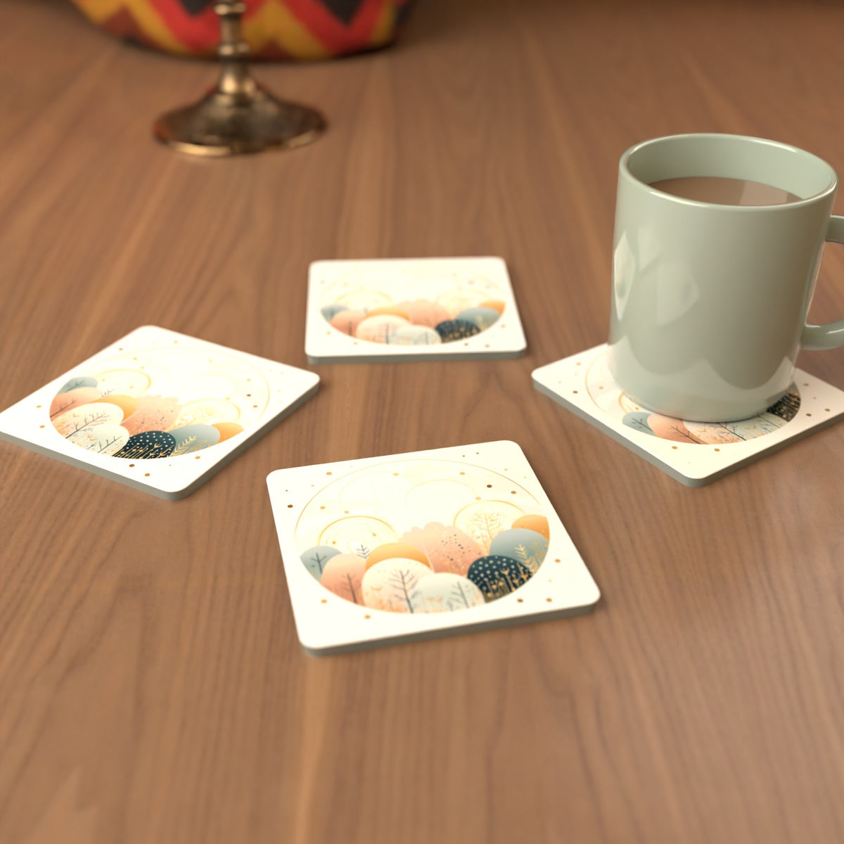 Minimalist Gold Winter Woodland Circle Square Glass Coasters – Set of 6 – cosy lifestyle mockup