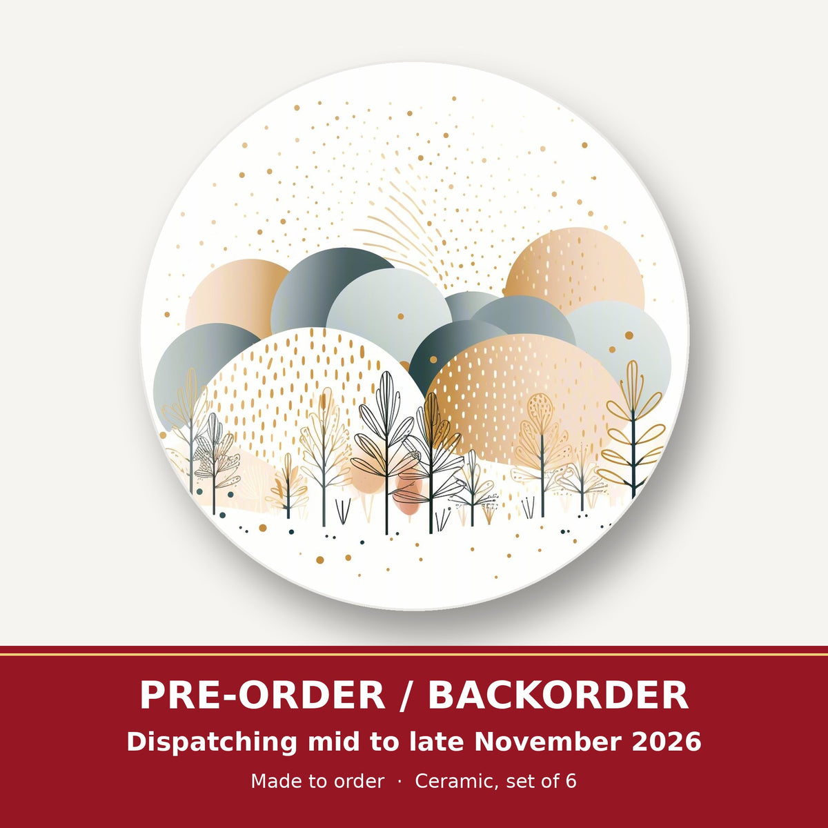Minimalist Gold Winter Trees round ceramic coaster set of 6 – pre-order / backorder, dispatching mid to late November 2026