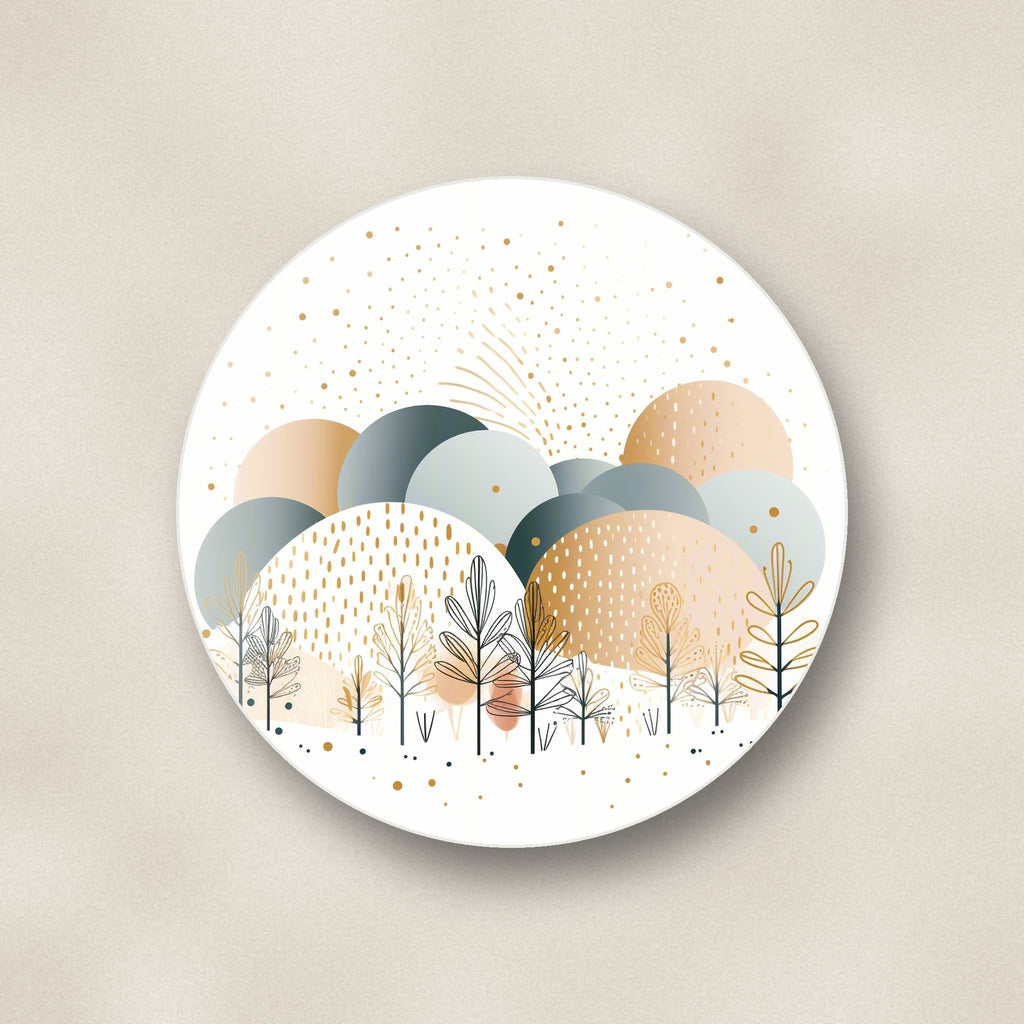 Close-up of one minimalist gold winter trees round ceramic coaster, flat UV print