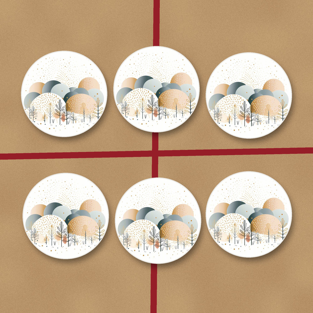 Minimalist Gold Winter Trees round ceramic coasters on kraft gift wrap
