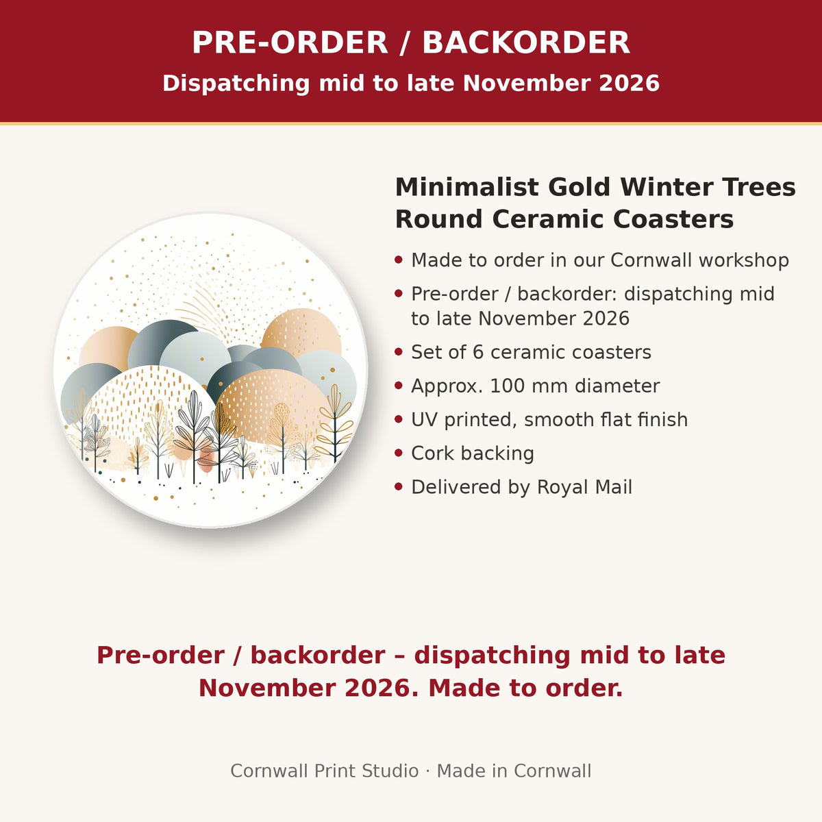 Info card: Minimalist Gold Winter Trees Round Ceramic Coasters – Set of 6, made to order, dispatching mid to late November 2026, delivered by Royal Mail