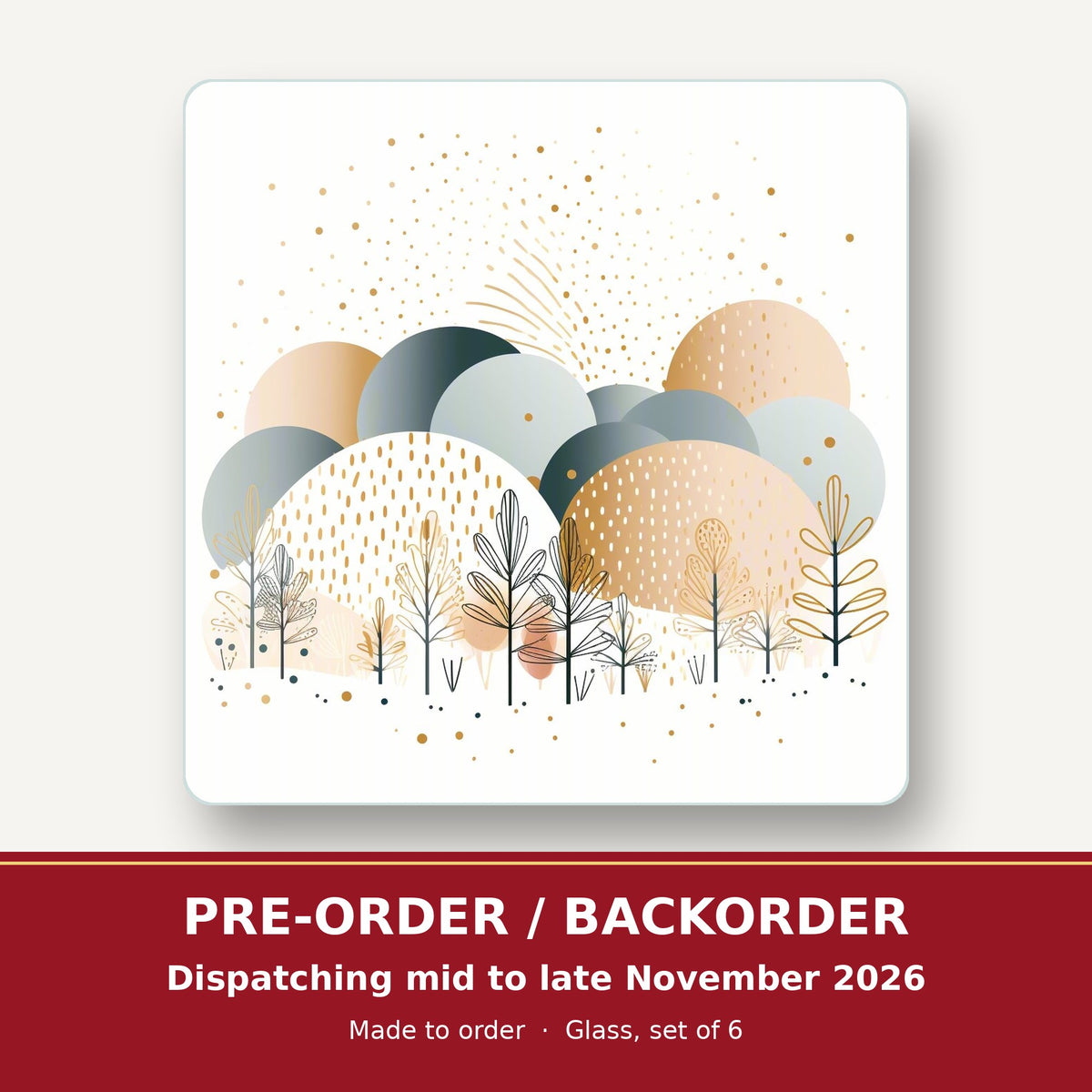 Minimalist Gold Winter Trees square glass coaster set of 6 – pre-order / backorder, dispatching mid to late November 2026