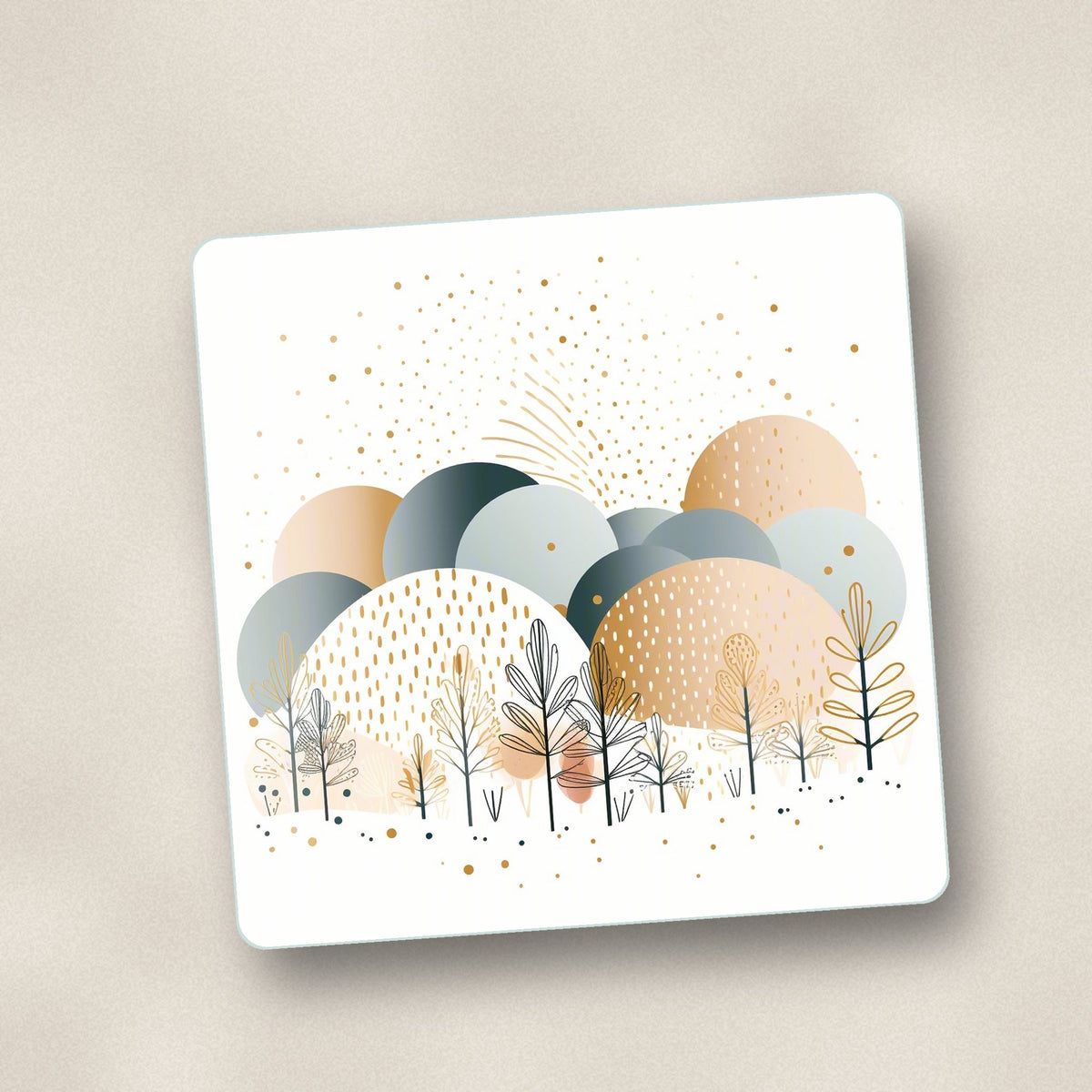 Close-up of one minimalist gold winter trees square glass coaster, flat UV print
