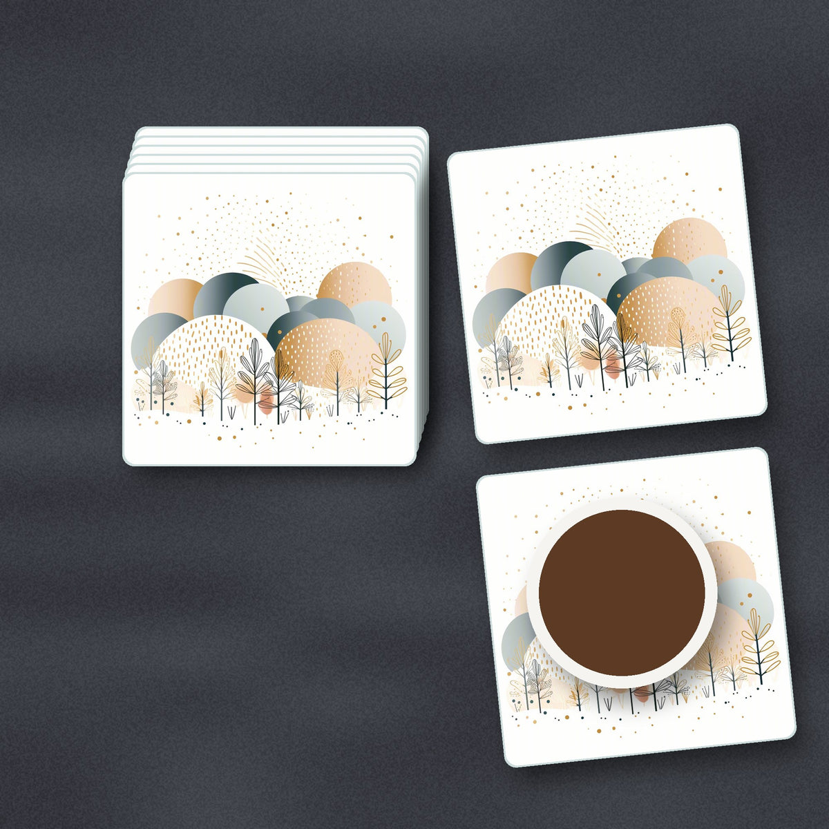 Minimalist Gold Winter Trees square glass coasters stacked on a slate kitchen worktop