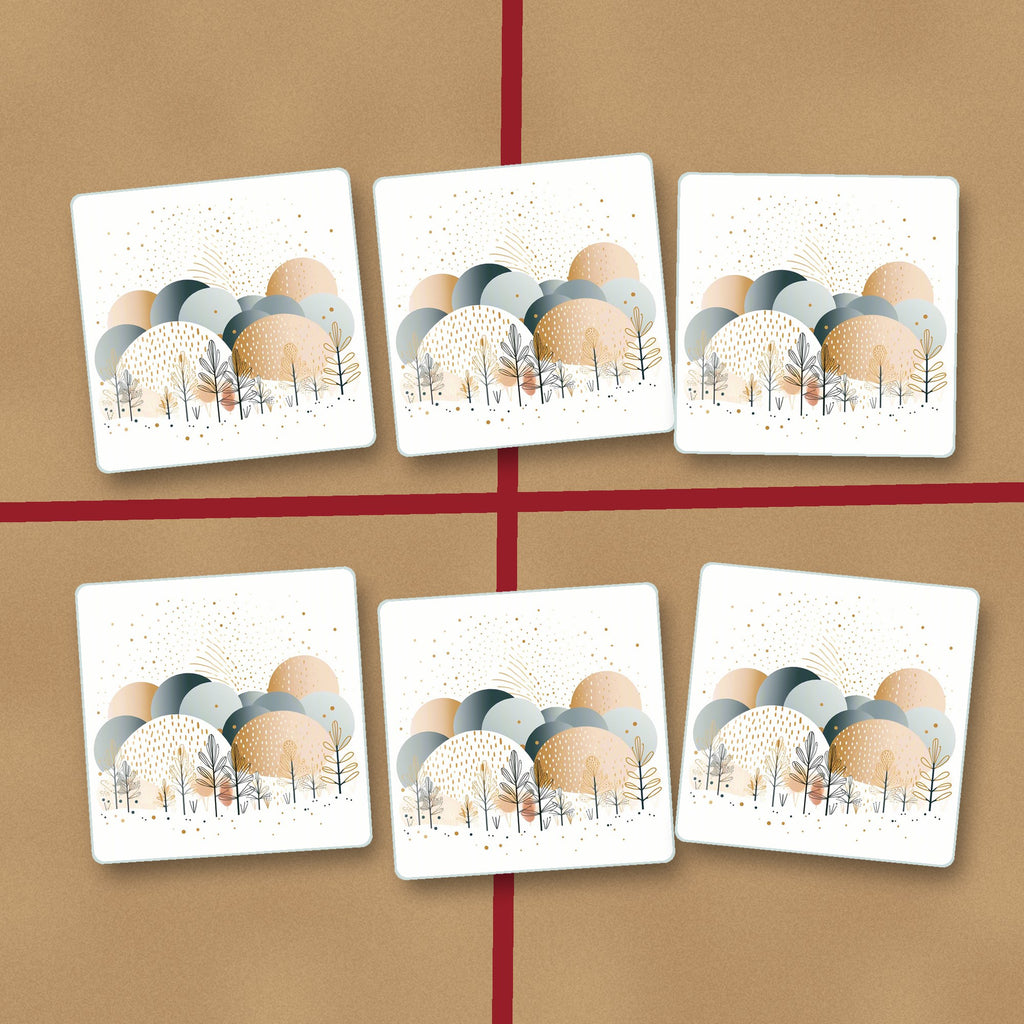 Minimalist Gold Winter Trees square glass coasters on kraft gift wrap