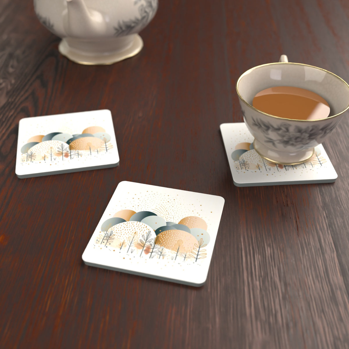 Minimalist Gold Winter Trees Square Glass Coasters – Set of 6 – lifestyle mockup with a teacup