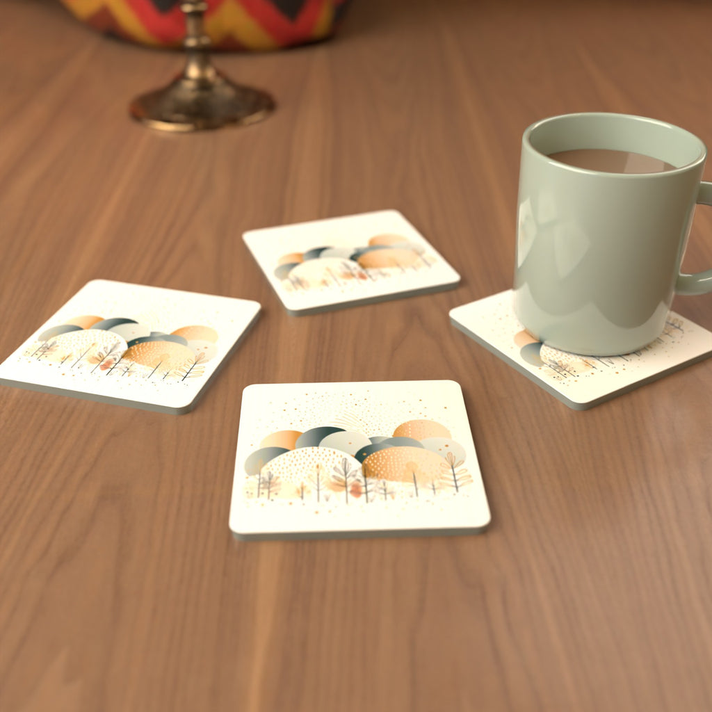Minimalist Gold Winter Trees Square Glass Coasters – Set of 6 – cosy lifestyle mockup