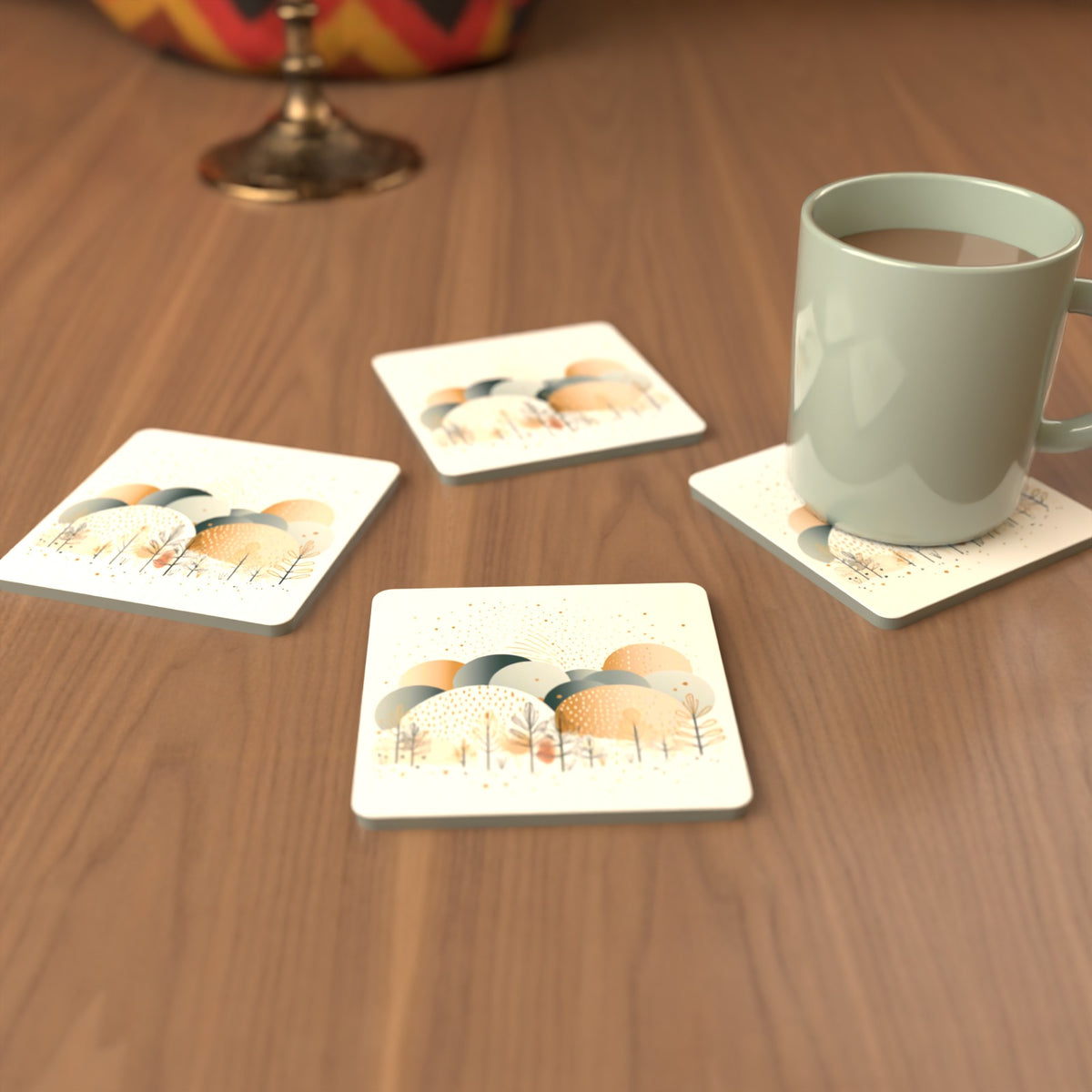 Minimalist Gold Winter Trees Square Glass Coasters – Set of 6 – cosy lifestyle mockup