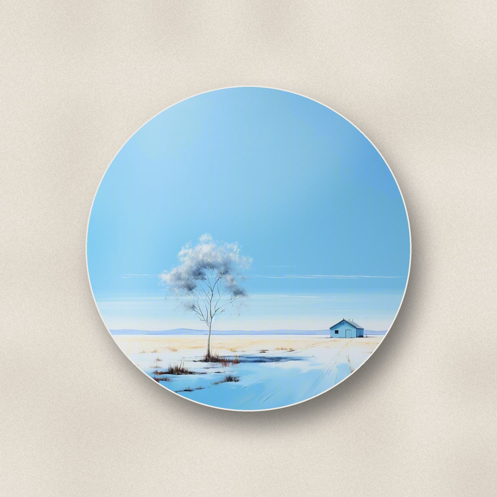Close-up of one lone tree in a snowy field round ceramic coaster, flat UV print