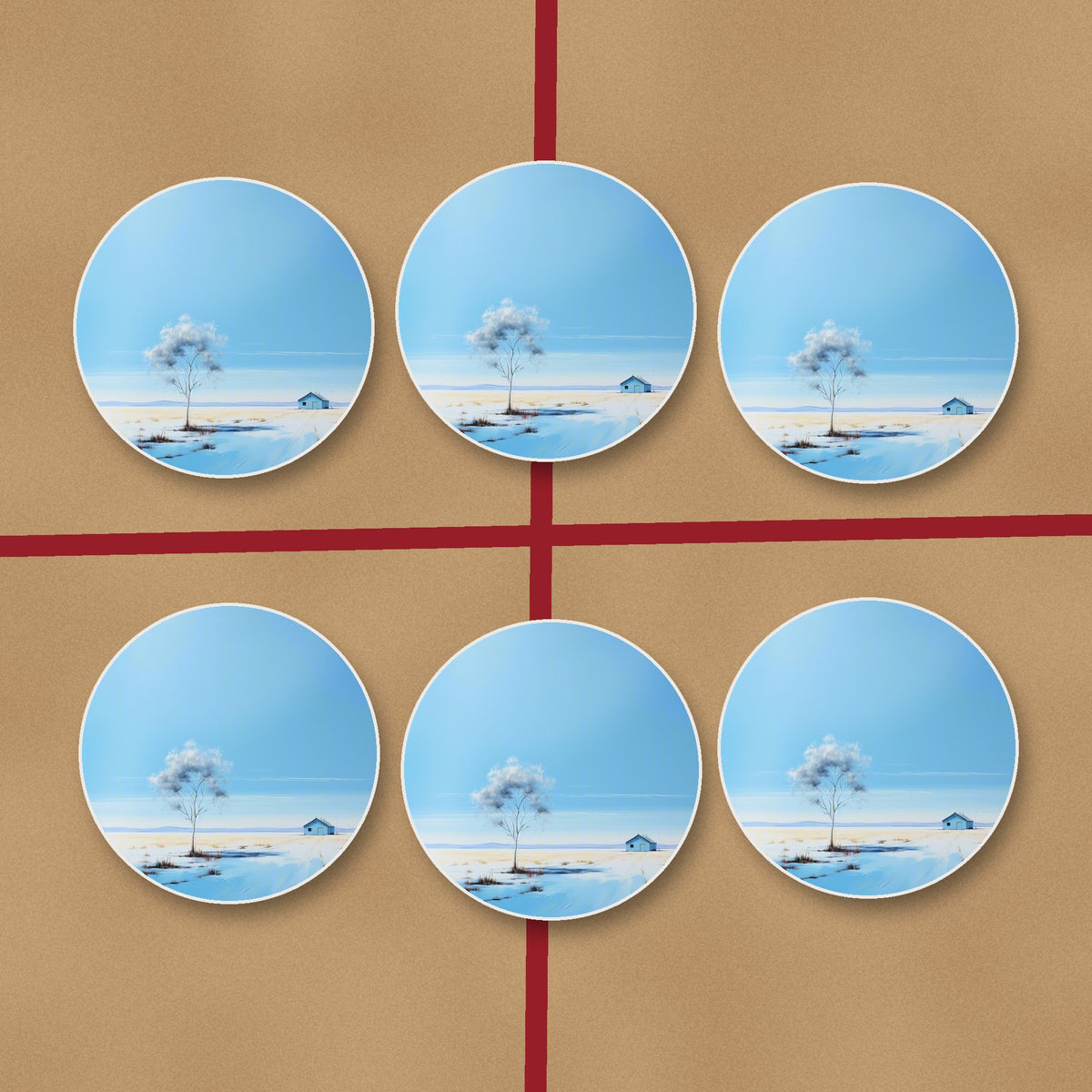Lone Tree in a Snowy Field round ceramic coasters on kraft gift wrap