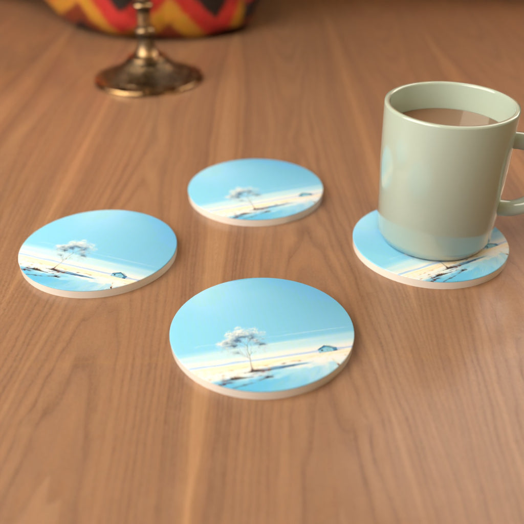 Lone Tree in a Snowy Field Round Ceramic Coasters – Set of 6 – cosy lifestyle mockup
