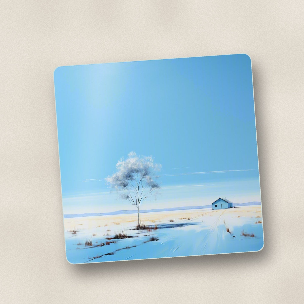 Close-up of one lone tree in a snowy field square glass coaster, flat UV print