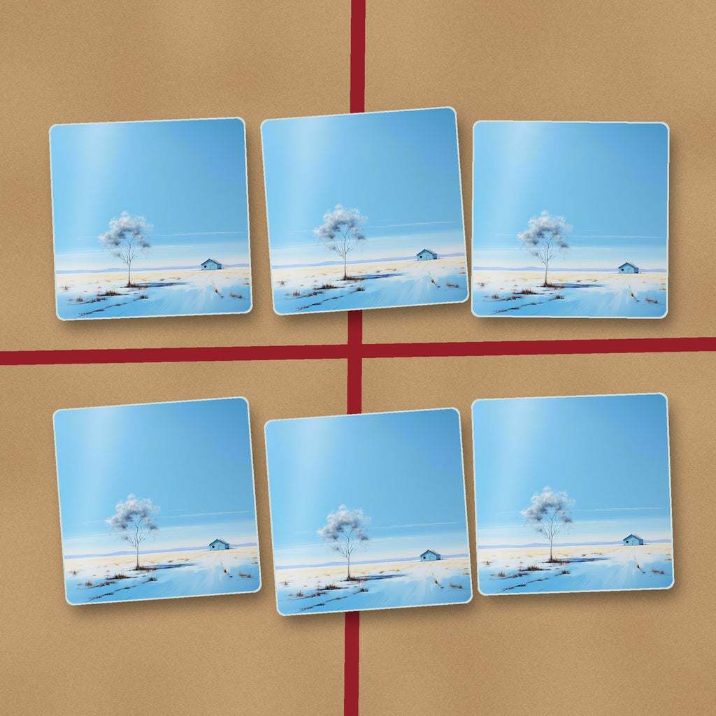 Lone Tree in a Snowy Field square glass coasters on kraft gift wrap