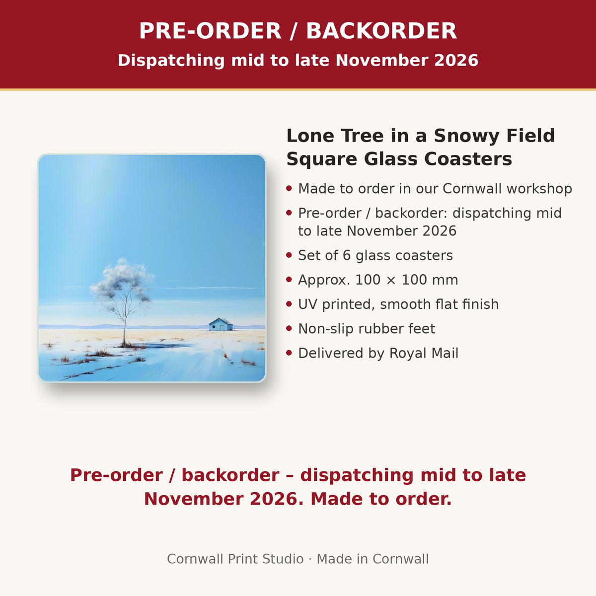 Info card: Lone Tree in a Snowy Field Square Glass Coasters – Set of 6, made to order, dispatching mid to late November 2026, delivered by Royal Mail