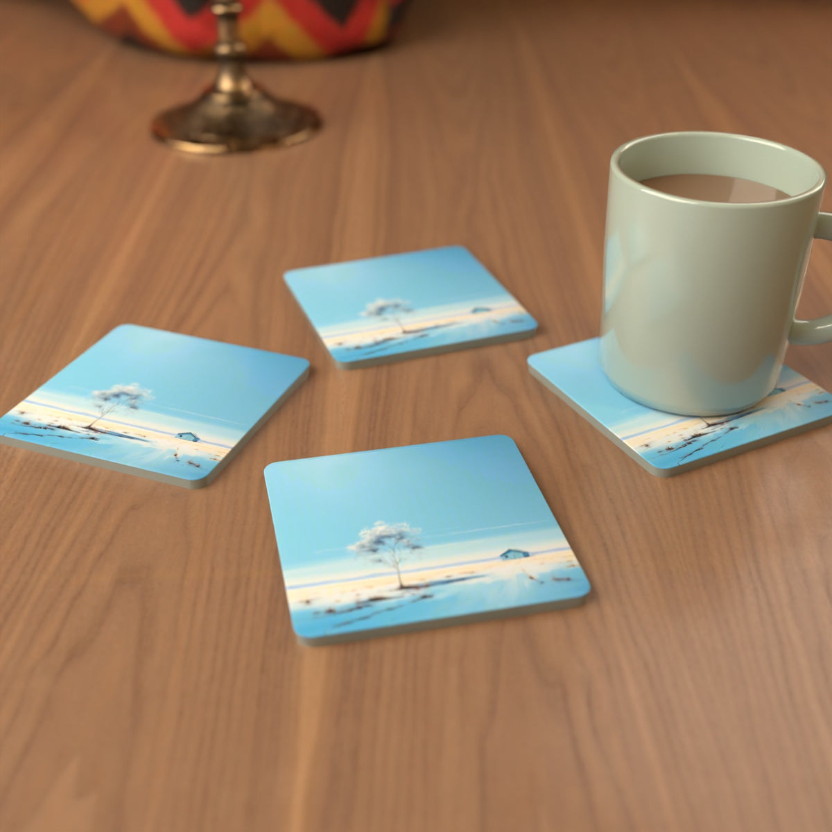 Lone Tree in a Snowy Field Square Glass Coasters – Set of 6 – cosy lifestyle mockup