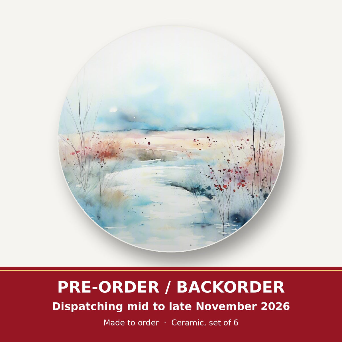 Watercolour Winter Riverbank round ceramic coaster set of 6 – pre-order / backorder, dispatching mid to late November 2026