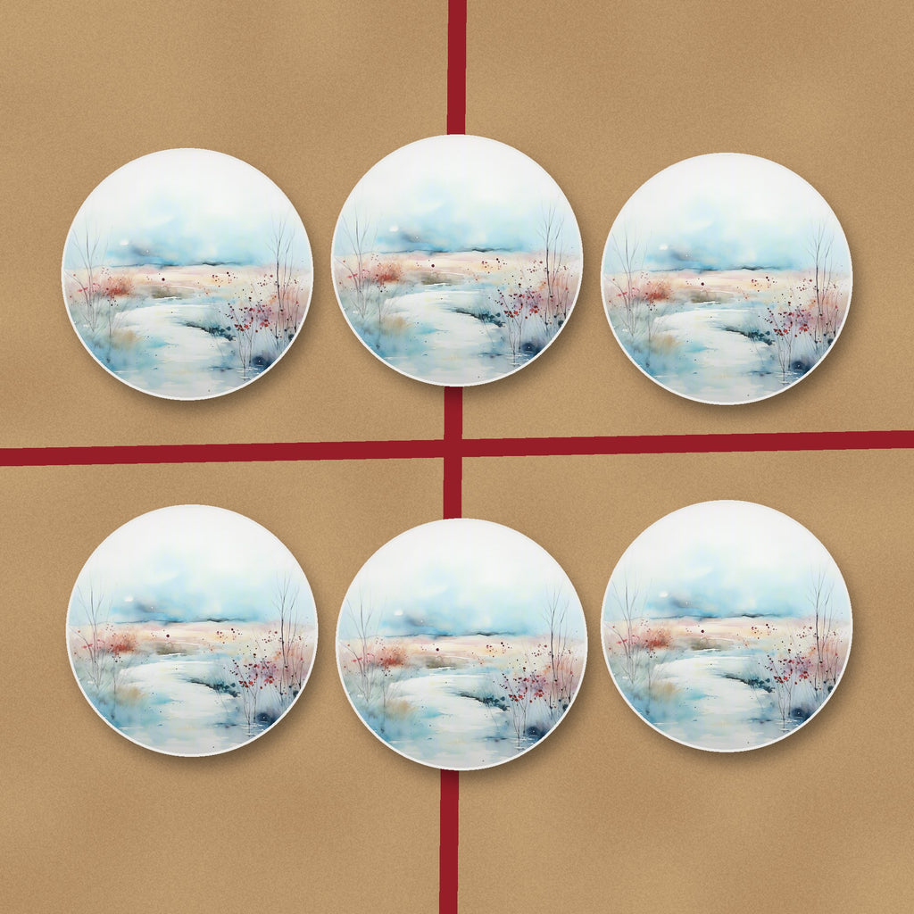 Watercolour Winter Riverbank round ceramic coasters on kraft gift wrap