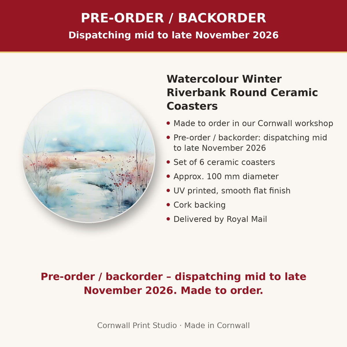Info card: Watercolour Winter Riverbank Round Ceramic Coasters – Set of 6, made to order, dispatching mid to late November 2026, delivered by Royal Mail