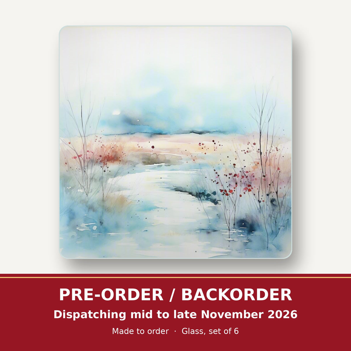 Watercolour Winter Riverbank square glass coaster set of 6 – pre-order / backorder, dispatching mid to late November 2026