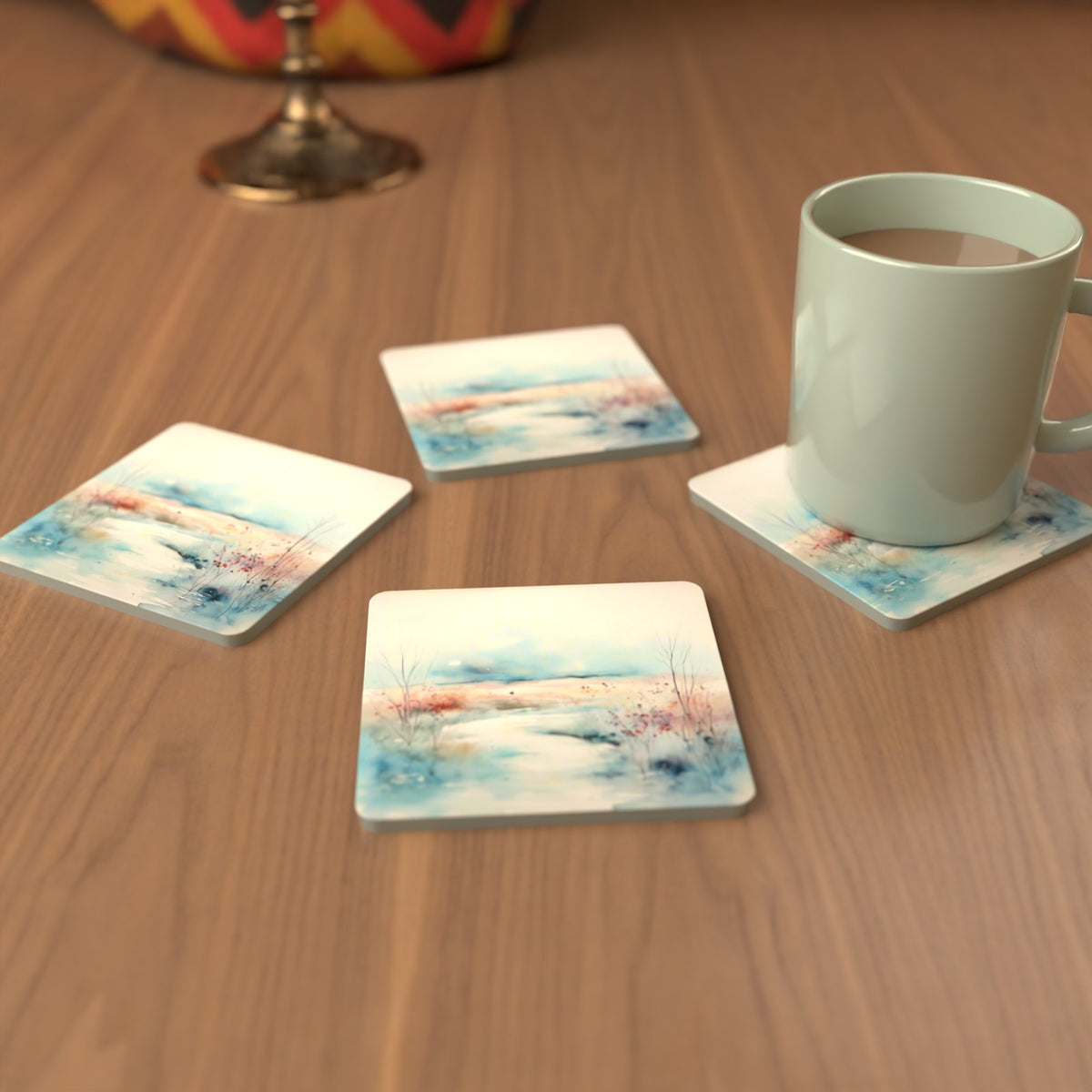 Watercolour Winter Riverbank Square Glass Coasters – Set of 6 – cosy lifestyle mockup