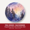 Watercolour Winter Pine Forest round ceramic coaster set of 6 – pre-order / backorder, dispatching mid to late November 2026