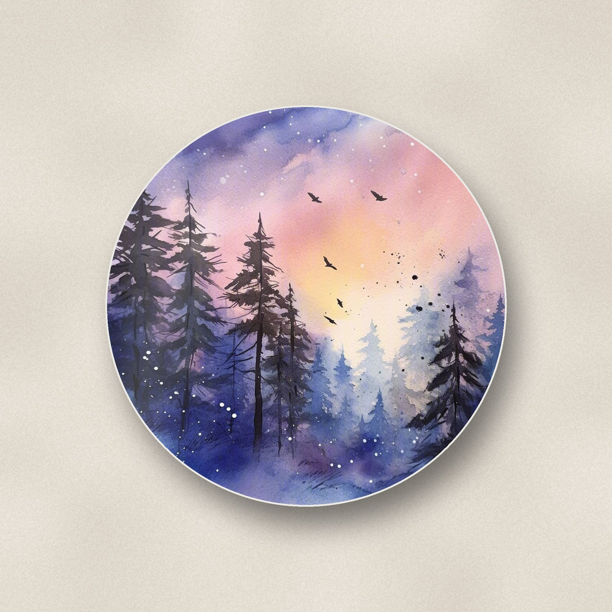 Close-up of one watercolour winter pine forest round ceramic coaster, flat UV print