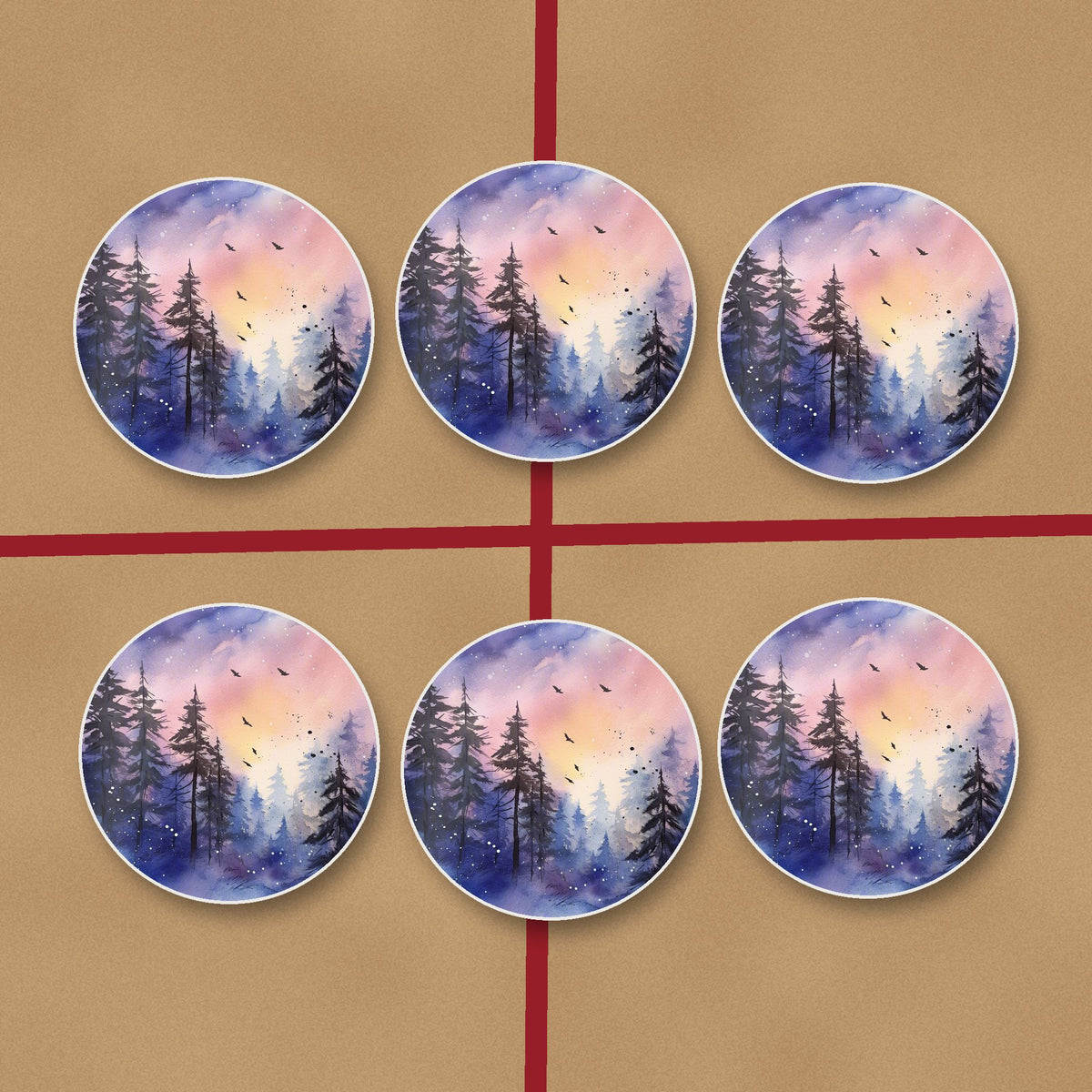 Watercolour Winter Pine Forest round ceramic coasters on kraft gift wrap