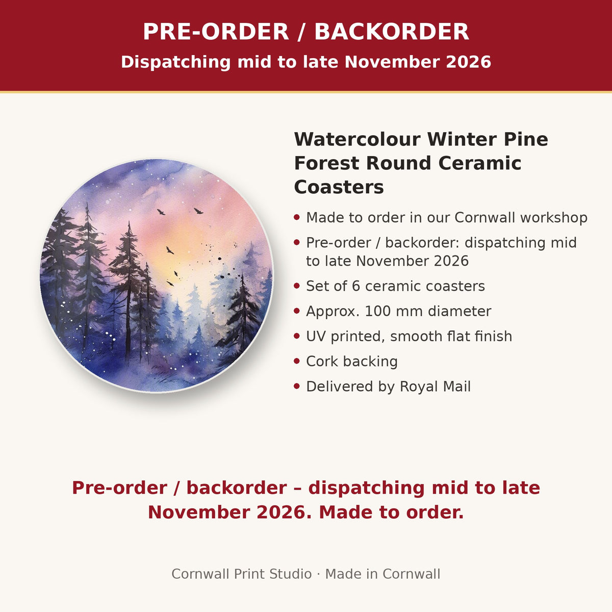 Info card: Watercolour Winter Pine Forest Round Ceramic Coasters – Set of 6, made to order, dispatching mid to late November 2026, delivered by Royal Mail