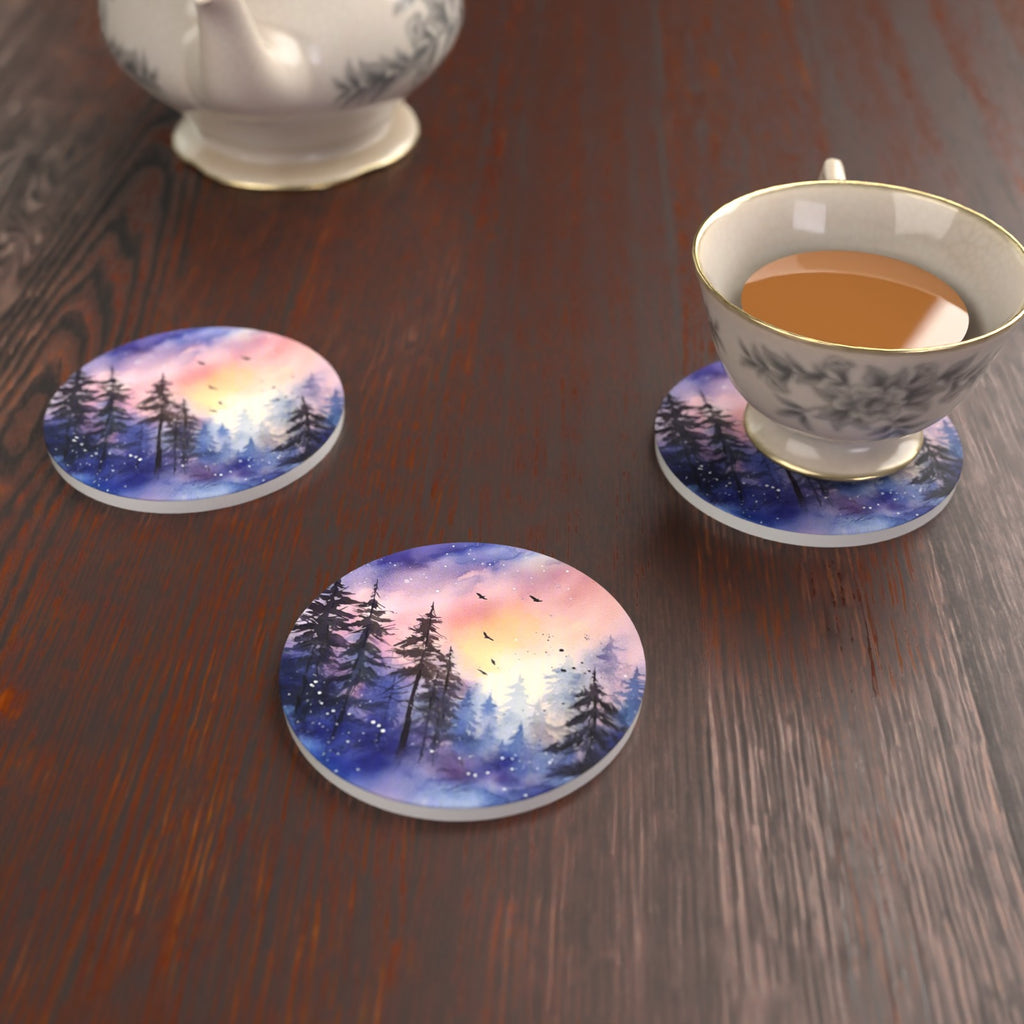 Watercolour Winter Pine Forest Round Ceramic Coasters – Set of 6 – lifestyle mockup with a teacup