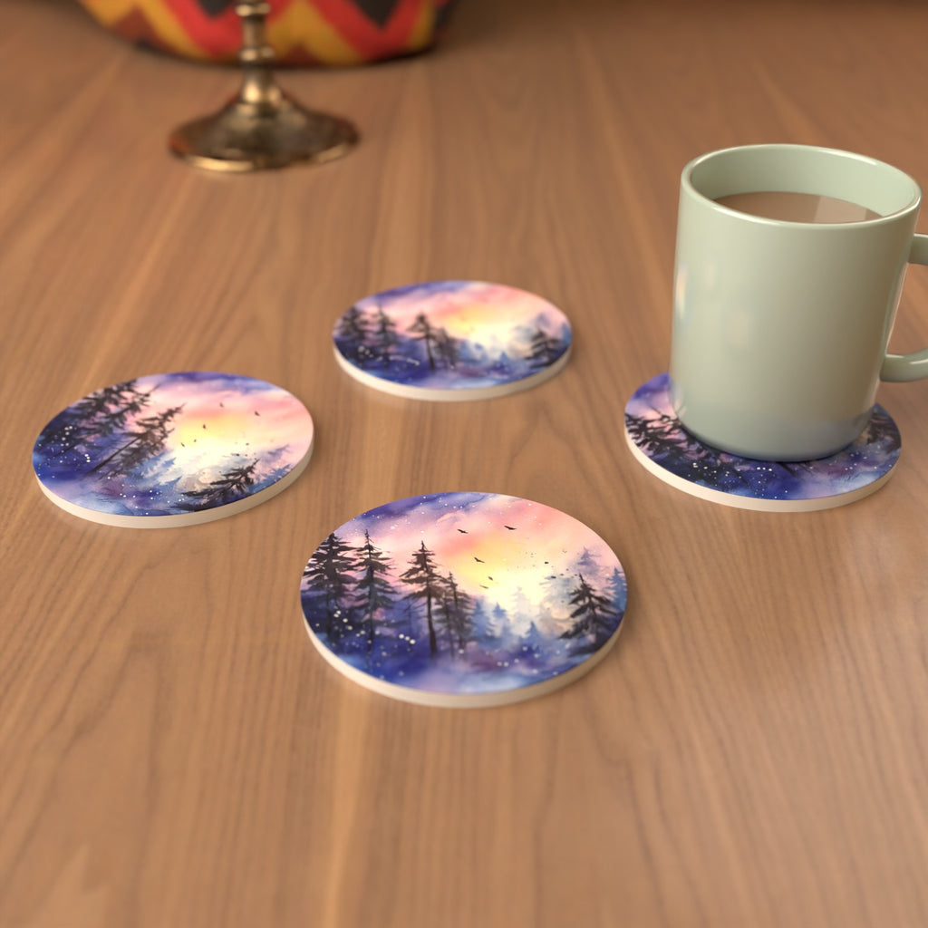 Watercolour Winter Pine Forest Round Ceramic Coasters – Set of 6 – cosy lifestyle mockup