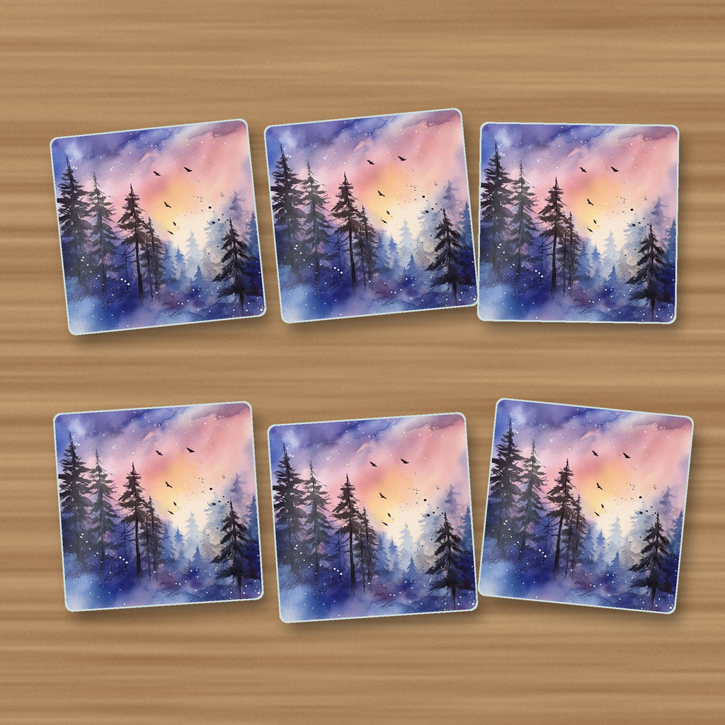 Watercolour Winter Pine Forest square glass coasters, set of 6, on an oak coffee table