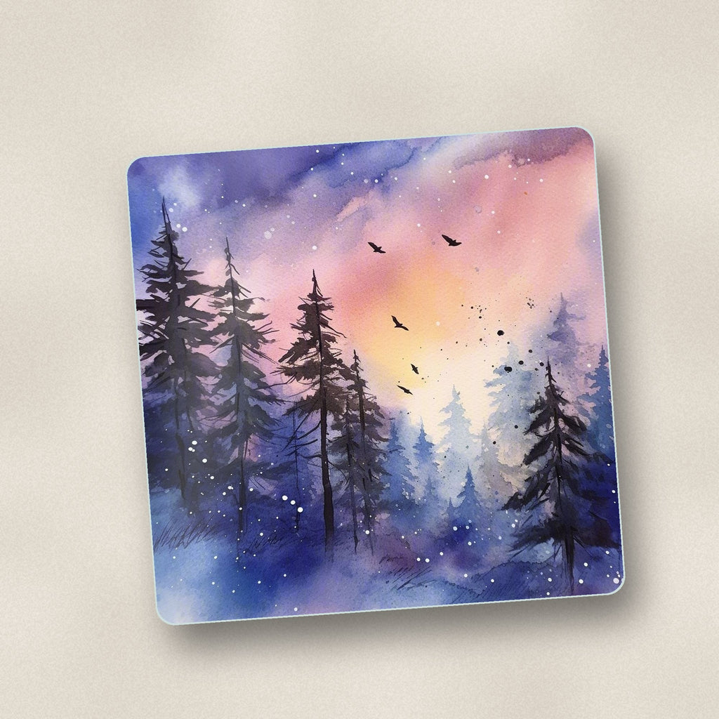 Close-up of one watercolour winter pine forest square glass coaster, flat UV print